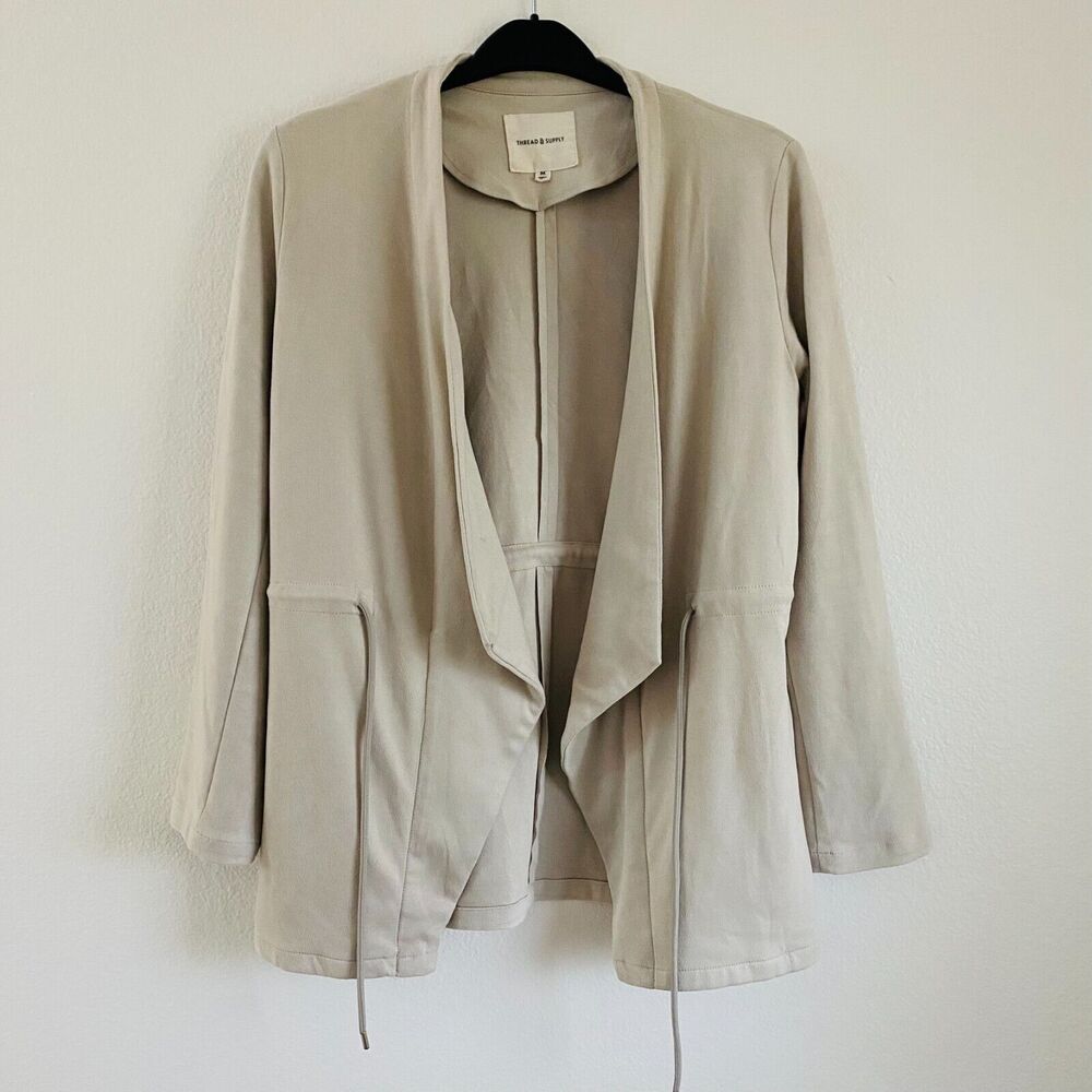Thread & Supply Jacket Cardigan Womens M Beige Open Front Pockets‎ Drawstring